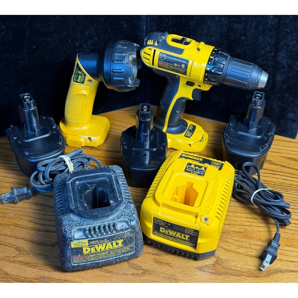 Dewalt 14.4V Cordless Drill, Flashlight, 3 Batteries, 2 Charger Bundle, WORKS